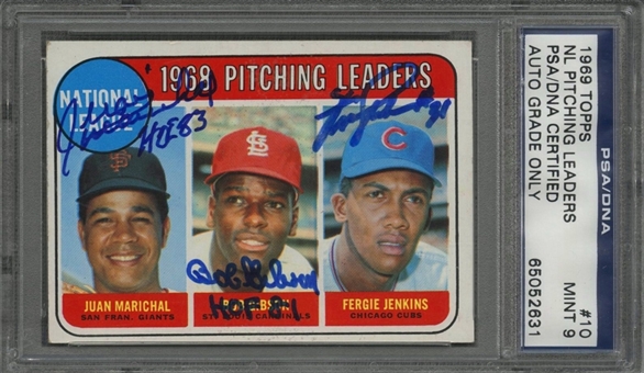 1969 Topps #10 "1968 Pitching Leaders" Multi-Signed Card - Signed by All Three HOF Pitchers – PSA/DNA MINT 9